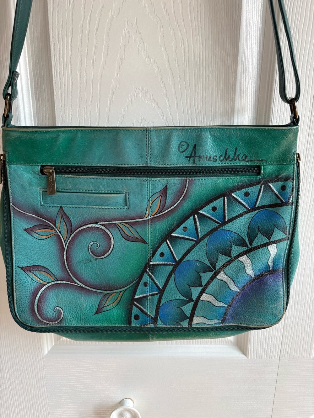 Anuschka Hobo Bag Purse Hand Painted Floral Peacock Leather Green Blue Artsy - Picture 6 of 12